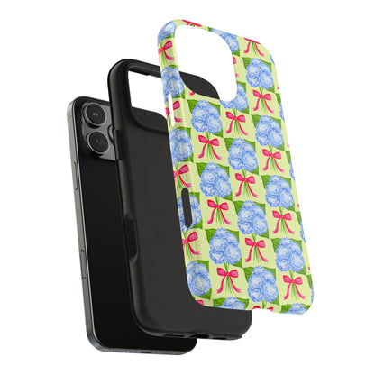 Blue Watercolor Hydrangea Bouquets with Hot Pink Bows Illustrated Patterned Yellow Preppy Grand Millenial Tough Phone Case | Various Models