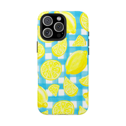 Yellow Lemons & Turquoise Gingham Watercolor Illustrated Tough Phone Case | Various Models Available