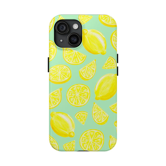 Bright Yellow Lemons Watercolor Illustrated Tossed Pattern Mint Green Tough Phone Case | Various Models iPhone 15