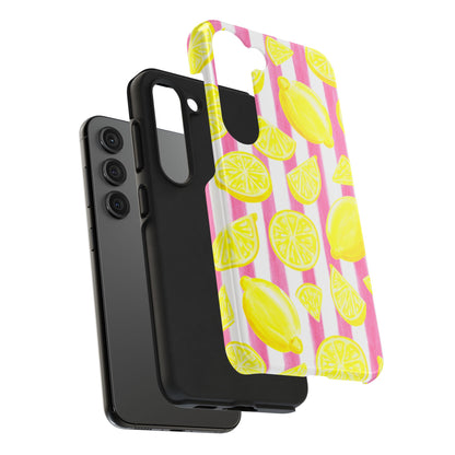 Pink Lemonade Yellow Lemons with Pink & White Watercolor Stripes Tough Phone Case