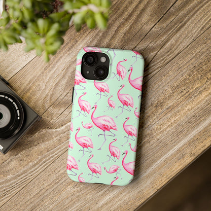 Pink Flamingos Watercolor Illustrated Tossed Pattern Green Phone Case | Various Models