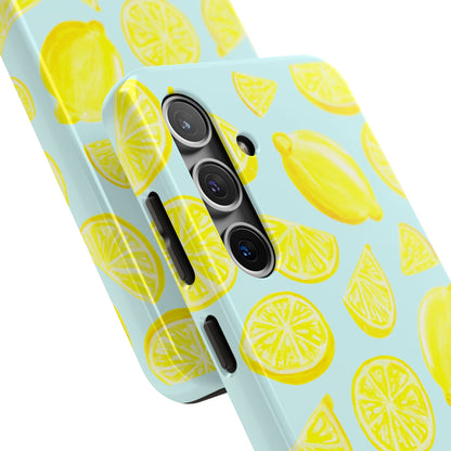 Bright Yellow Lemons Watercolor Illustrated Tossed Pattern Light Blue Tough Phone Case | Various Models