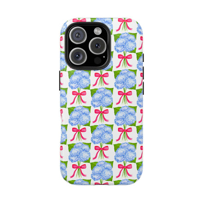 Blue Watercolor Hydrangea Bouquets with Hot Pink Bows Illustrated Patterned Tough Phone Case | Various Models