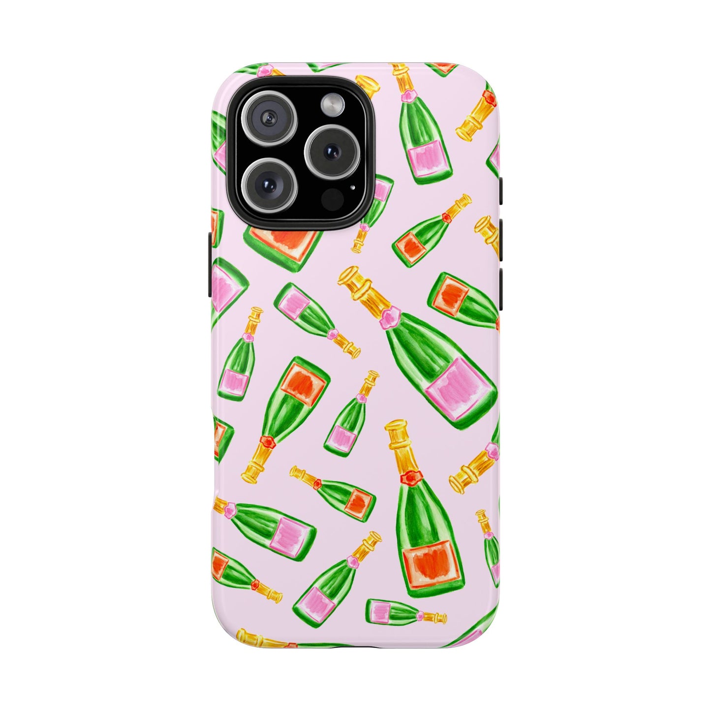 Tossed Pink and Green & Orange and Green Watercolor Illustrated Champagne Bottles Pattern Blush Pink Tough Phone Case | Various Models