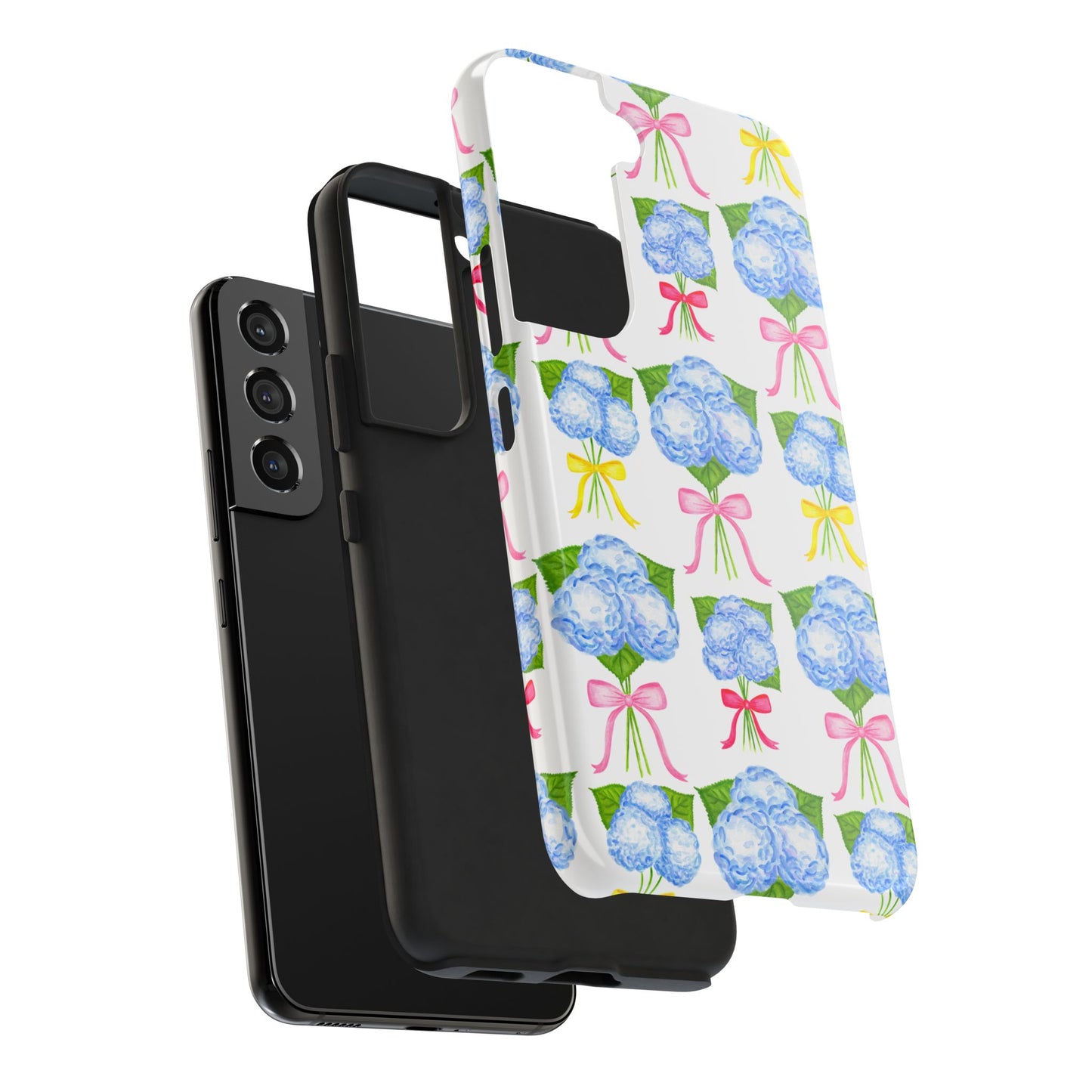 Blue Hydrangeas with Hot Pink, Yellow, Light Pink Bows Watercolor Illustrated Patterned Tough Phone Case | Various Models