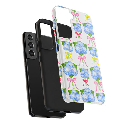Blue Hydrangeas with Hot Pink, Yellow, Light Pink Bows Watercolor Illustrated Patterned Tough Phone Case | Various Models