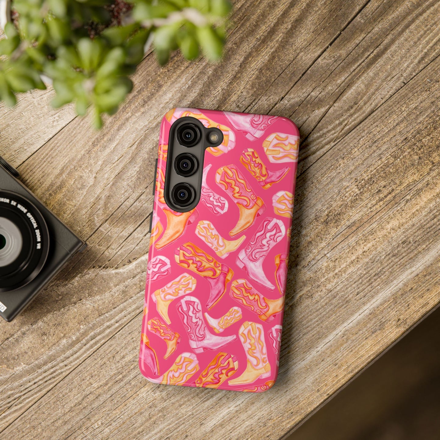 Tossed Hot Pink & Orange Watercolor Cowboy Boots Hot Pink Tough Phone Cases | Various Models
