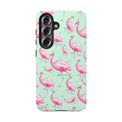 Pink Flamingos Watercolor Illustrated Tossed Pattern Green Phone Case | Various Models Samsung Galaxy S25