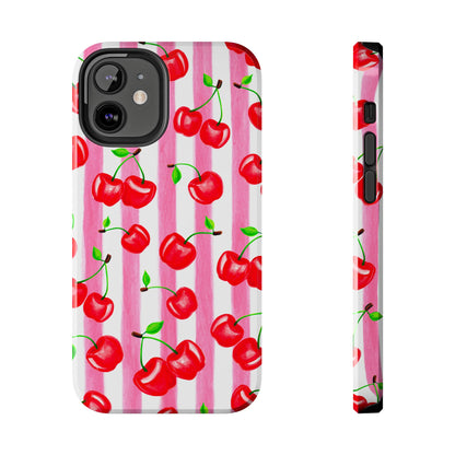 Tossed Red Watercolor Cherries Illustrated Pattern Light Pink Stripes Tough Phone Case | Various Models