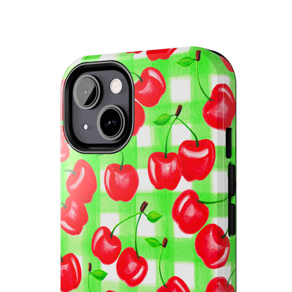 Red Tossed Cherries Green Gingham Watercolor Illustrated Tough Phone Case | Various Models Available