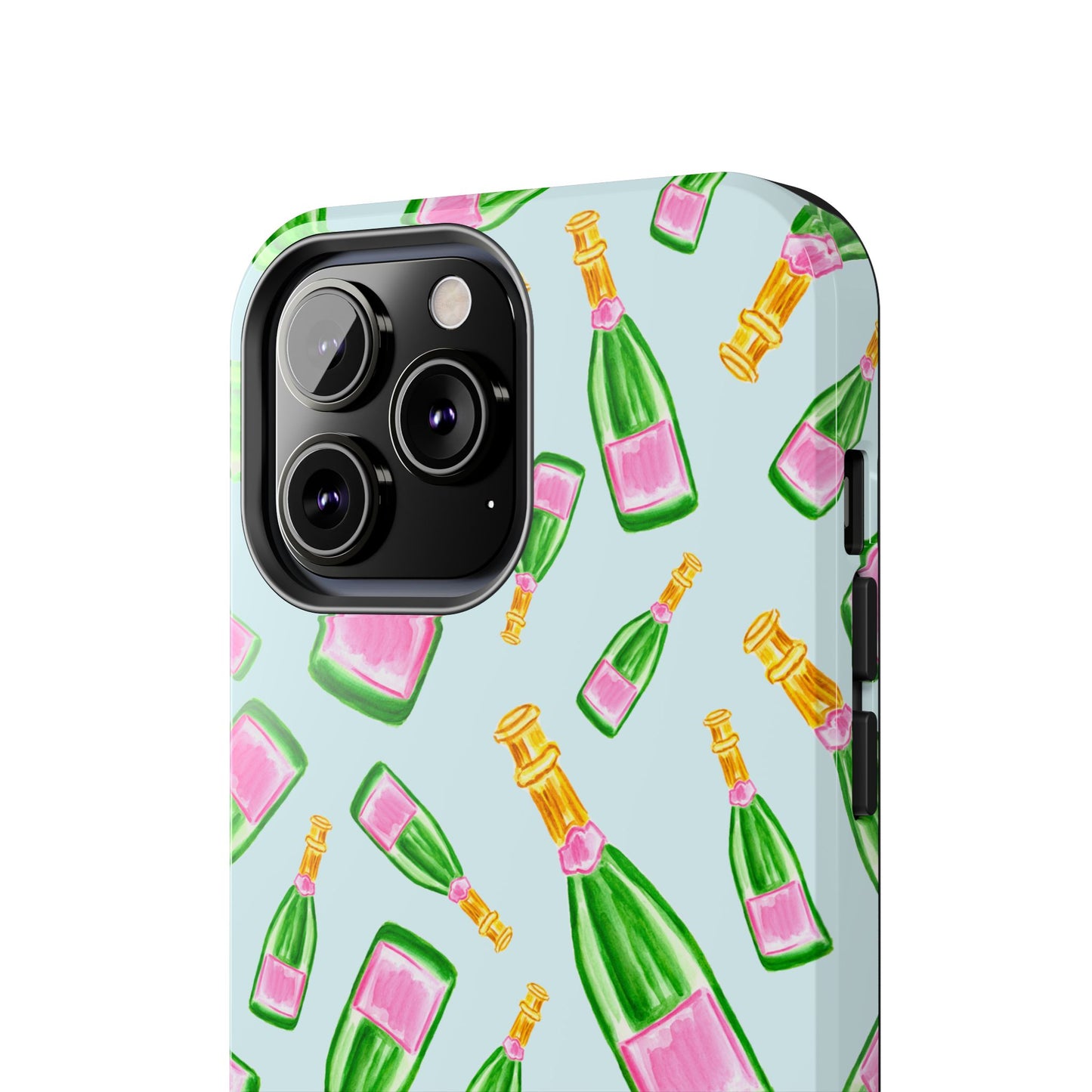 Tossed Pink and Green Watercolor Illustrated Champagne Bottles Pattern Light Blue Tough Phone Case | Various Models