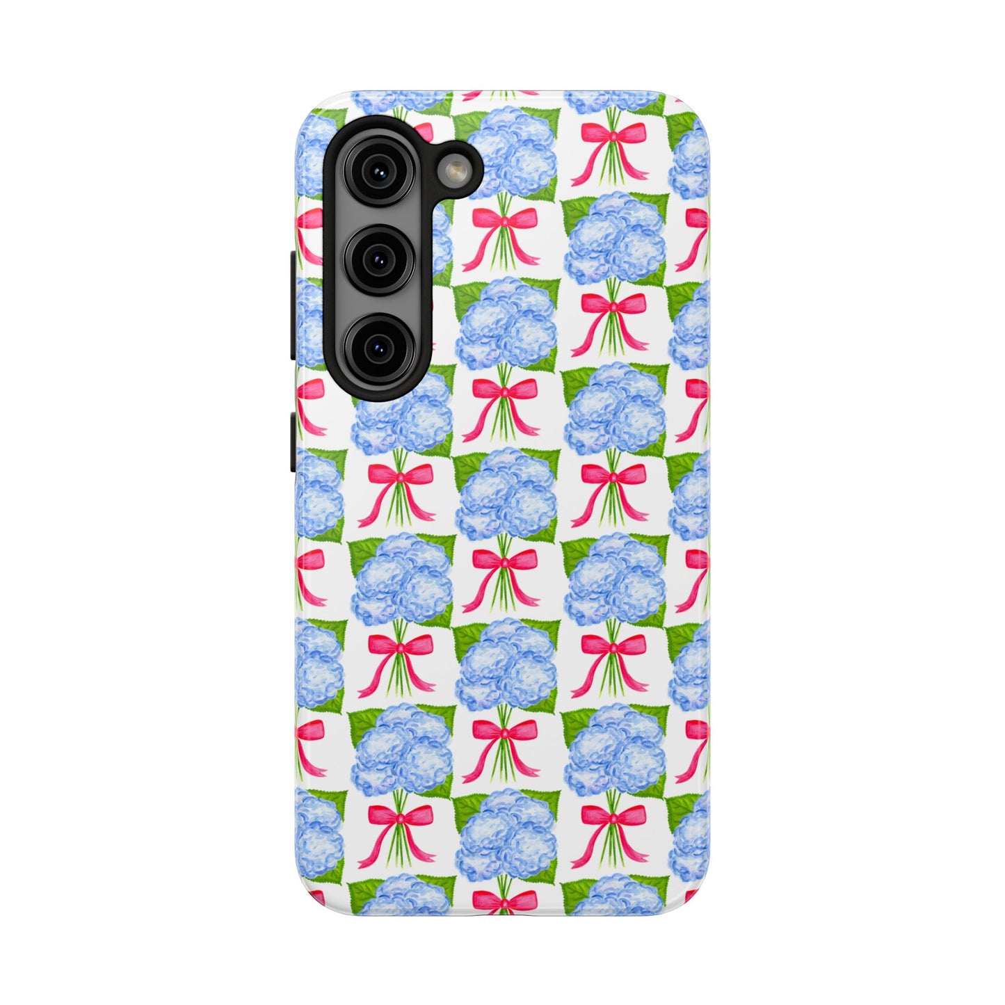 Blue Watercolor Hydrangea Bouquets with Hot Pink Bows Illustrated Patterned Tough Phone Case | Various Models