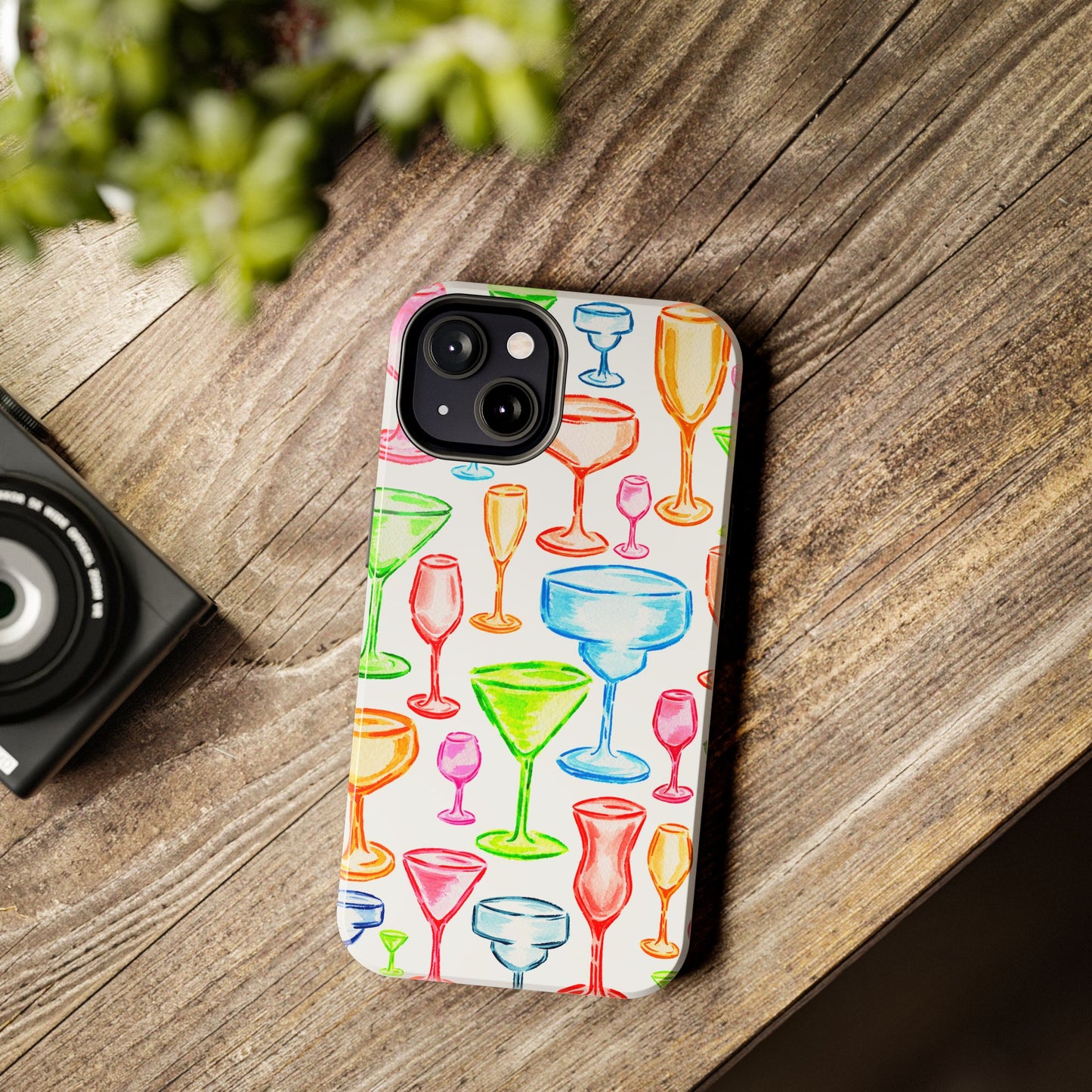 Monochromatic Margarita, Wine, Martini, and Champagne Flute Cocktail Glasses Watercolor Illustrated Tough Phone Case | Various Models Available