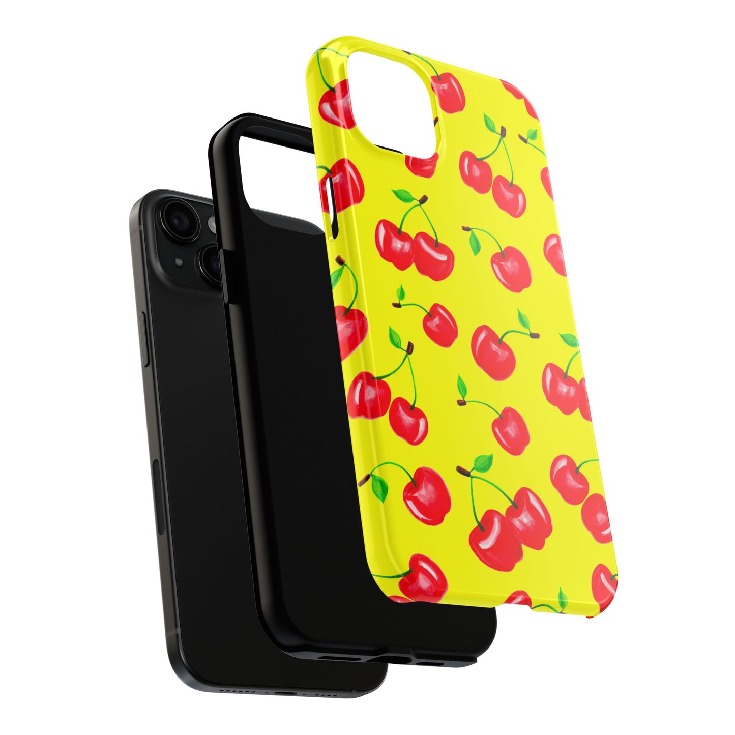 Tossed Red Watercolor Cherries Illustrated Pattern Bright Yellow Tough Phone Case | Various Models
