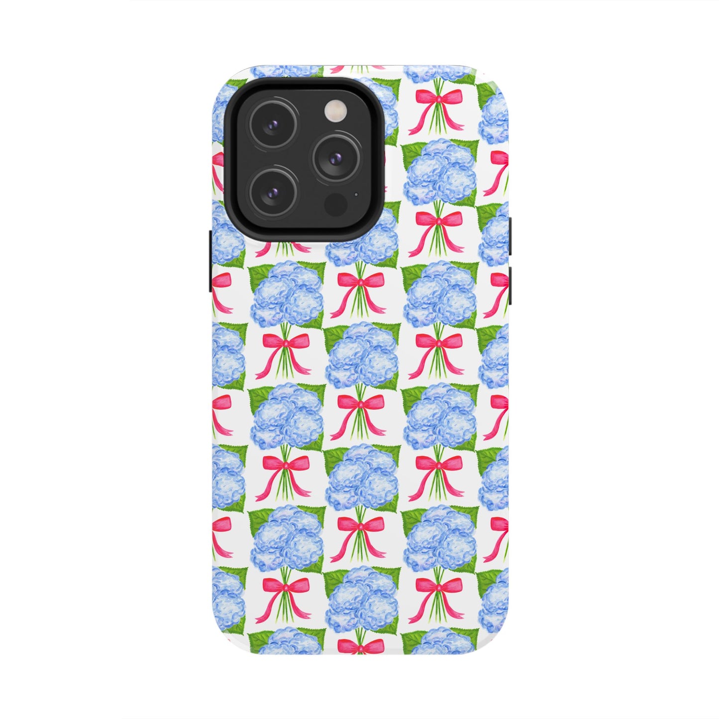 Blue Watercolor Hydrangea Bouquets with Hot Pink Bows Illustrated Patterned Tough Phone Case | Various Models