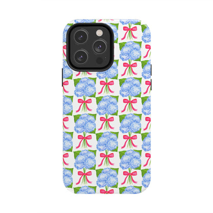 Blue Watercolor Hydrangea Bouquets with Hot Pink Bows Illustrated Patterned Tough Phone Case | Various Models