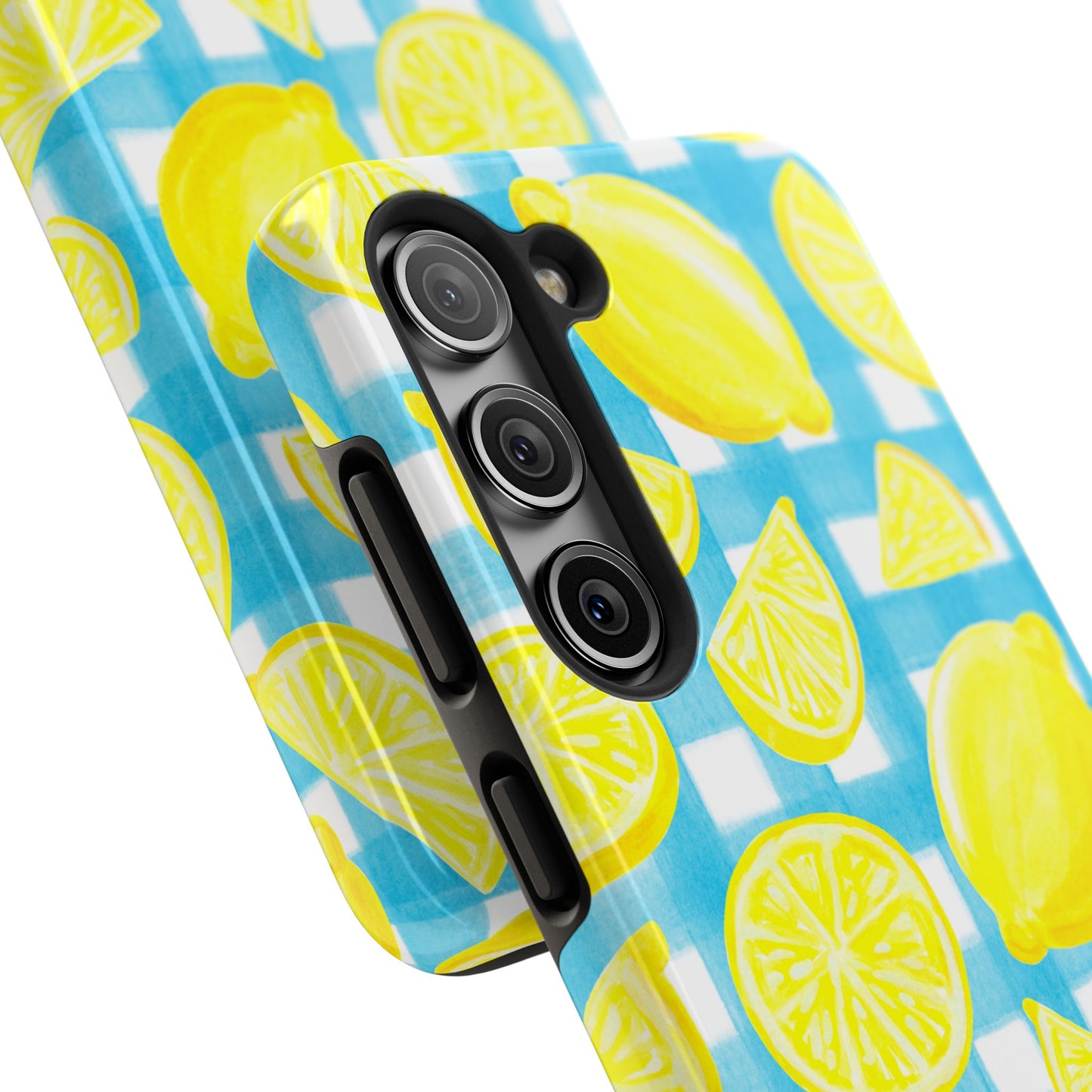 Yellow Lemons & Turquoise Gingham Watercolor Illustrated Tough Phone Case | Various Models Available