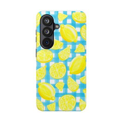 Bright Yellow Lemons Watercolor Illustrated Tossed Pattern Turquoise Gingham Tough Phone Case | Various Models
