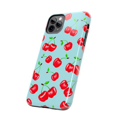 Tossed Red Watercolor Cherries Illustrated Pattern Bright Blue Tough Phone Case | Various Models