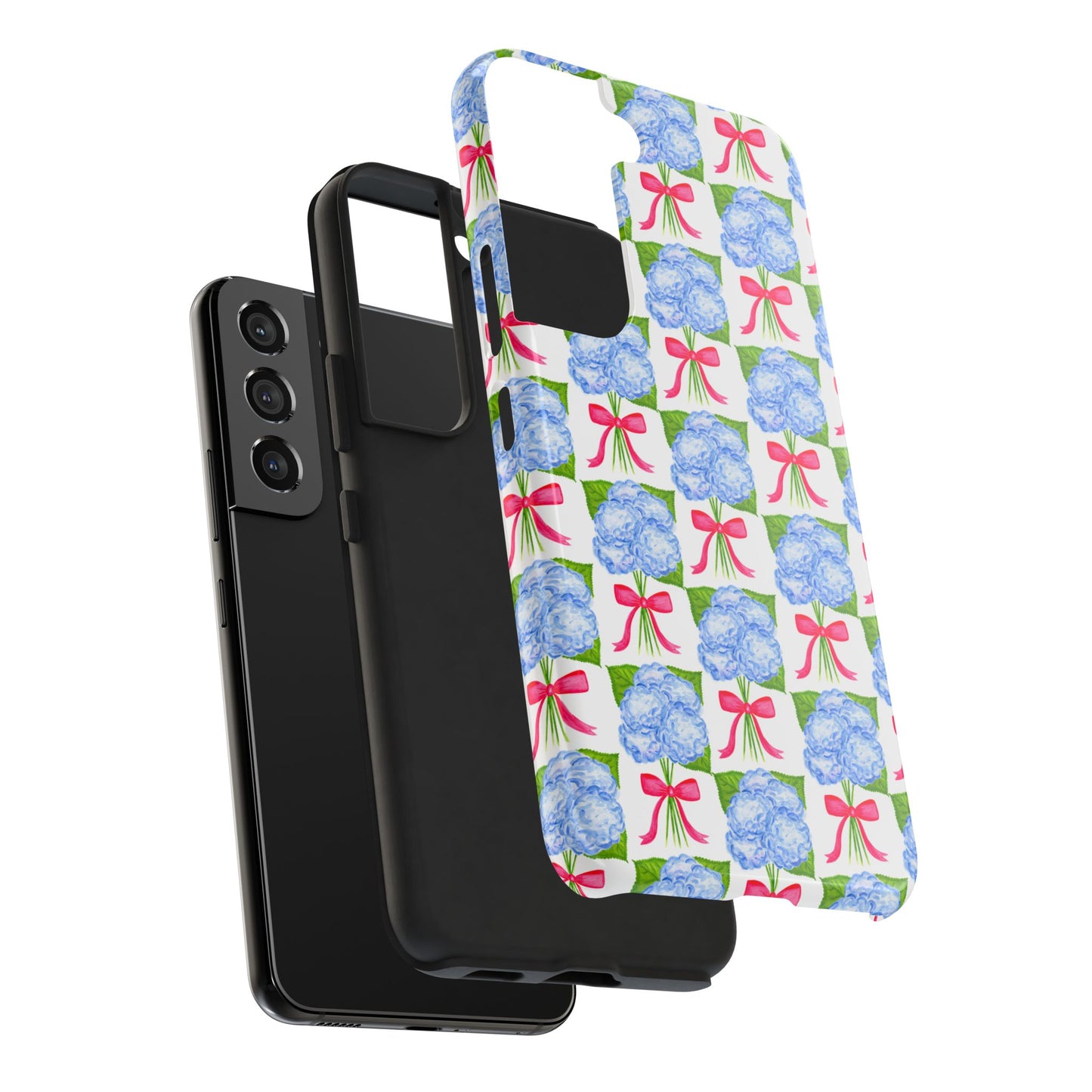 Blue Watercolor Hydrangea Bouquets with Hot Pink Bows Illustrated Patterned Tough Phone Case | Various Models