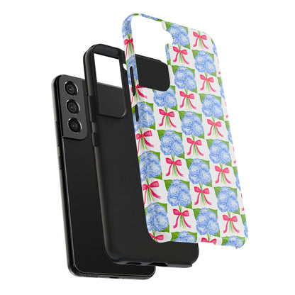 Blue Watercolor Hydrangea Bouquets with Hot Pink Bows Illustrated Patterned Tough Phone Case | Various Models