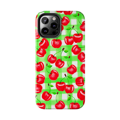 Red Tossed Cherries Green Gingham Watercolor Illustrated Tough Phone Case | Various Models Available