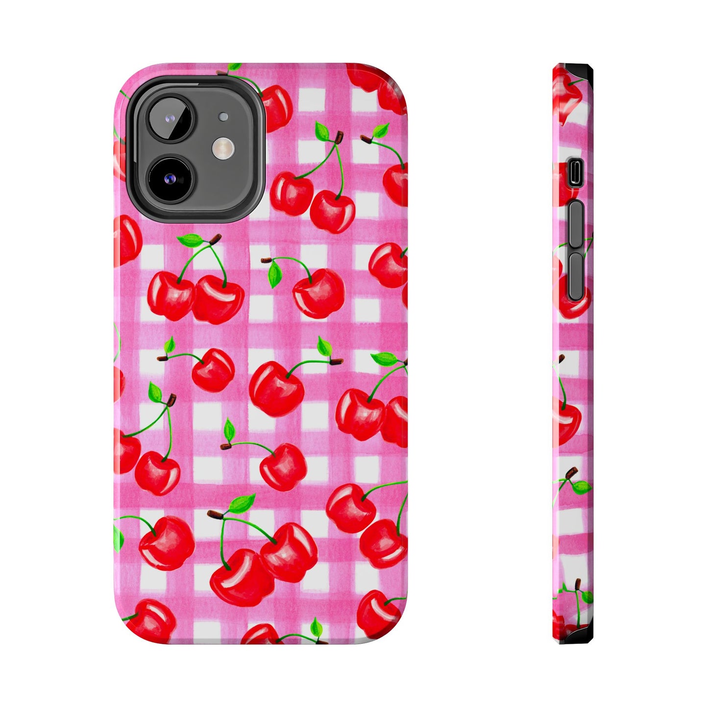Tossed Red Watercolor Cherries Illustrated Pattern Light Pink Gingham Tough Phone Case | Various Models