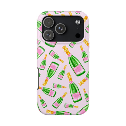 Tossed Pink and Green Watercolor Illustrated Champagne Bottles Pattern Blush Pink Tough Phone Case | Various Models