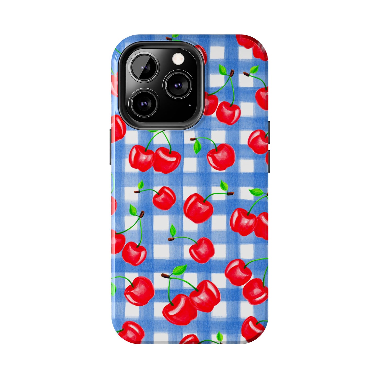 Tossed Red Watercolor Illustrated Cherries Light Blue Gingham Tough Phone Case | Various Models