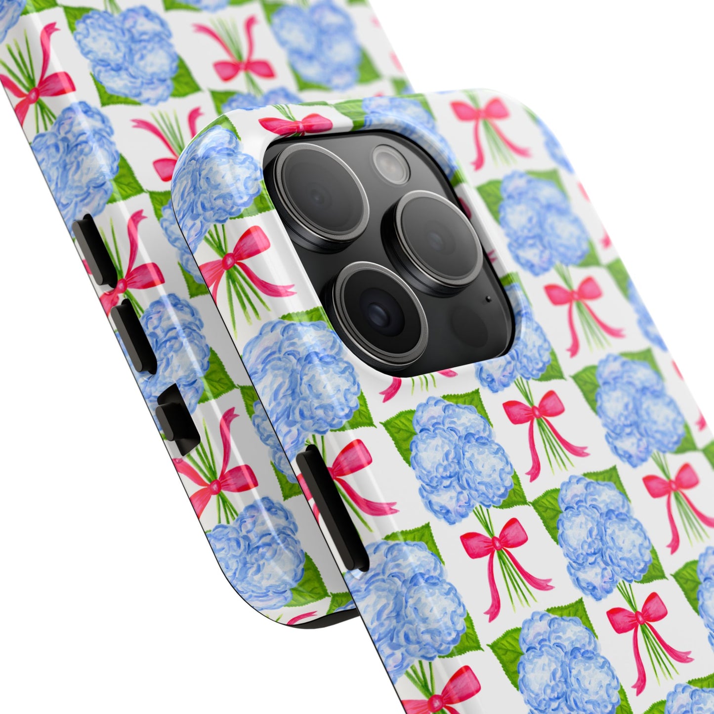 Blue Watercolor Hydrangea Bouquets with Hot Pink Bows Illustrated Patterned Tough Phone Case | Various Models