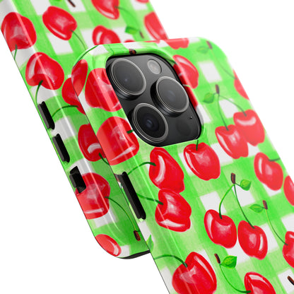 Red Tossed Cherries Green Gingham Watercolor Illustrated Tough Phone Case | Various Models Available