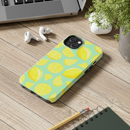 Bright Yellow Lemons Watercolor Illustrated Tossed Pattern Mint Green Tough Phone Case | Various Models