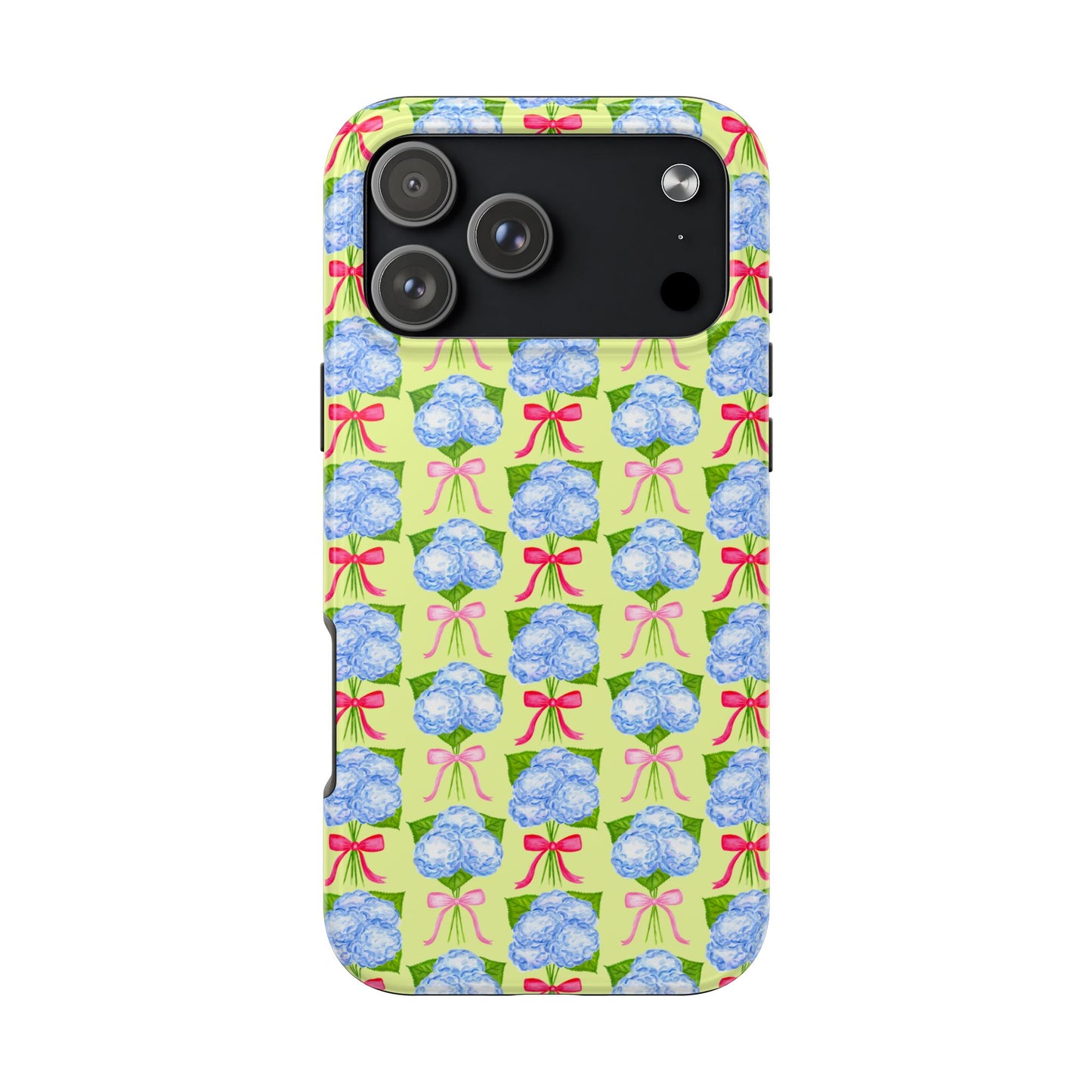 Watercolor Blue Hydrangea Bouquets with Hot Pink and Light Pink Bow Ribbons Illustrated Pattern Yellow Tough Phone Case | Various Models