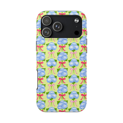 Watercolor Blue Hydrangea Bouquets with Hot Pink and Light Pink Bow Ribbons Illustrated Pattern Yellow Tough Phone Case | Various Models