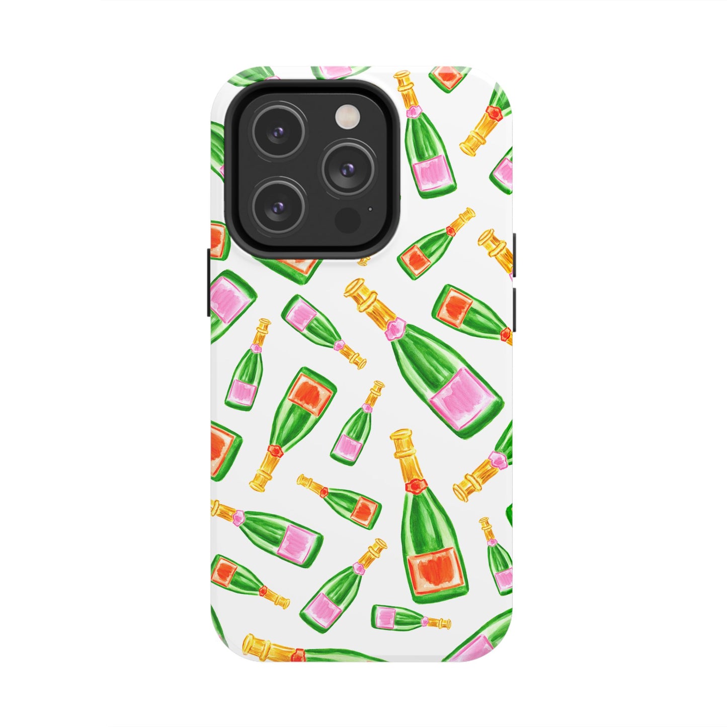 Tossed Pink and Green & Orange and Green Watercolor Illustrated Champagne Bottles Pattern Tough Phone Case | Various Models