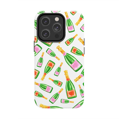 Tossed Pink and Green & Orange and Green Watercolor Illustrated Champagne Bottles Pattern Tough Phone Case | Various Models