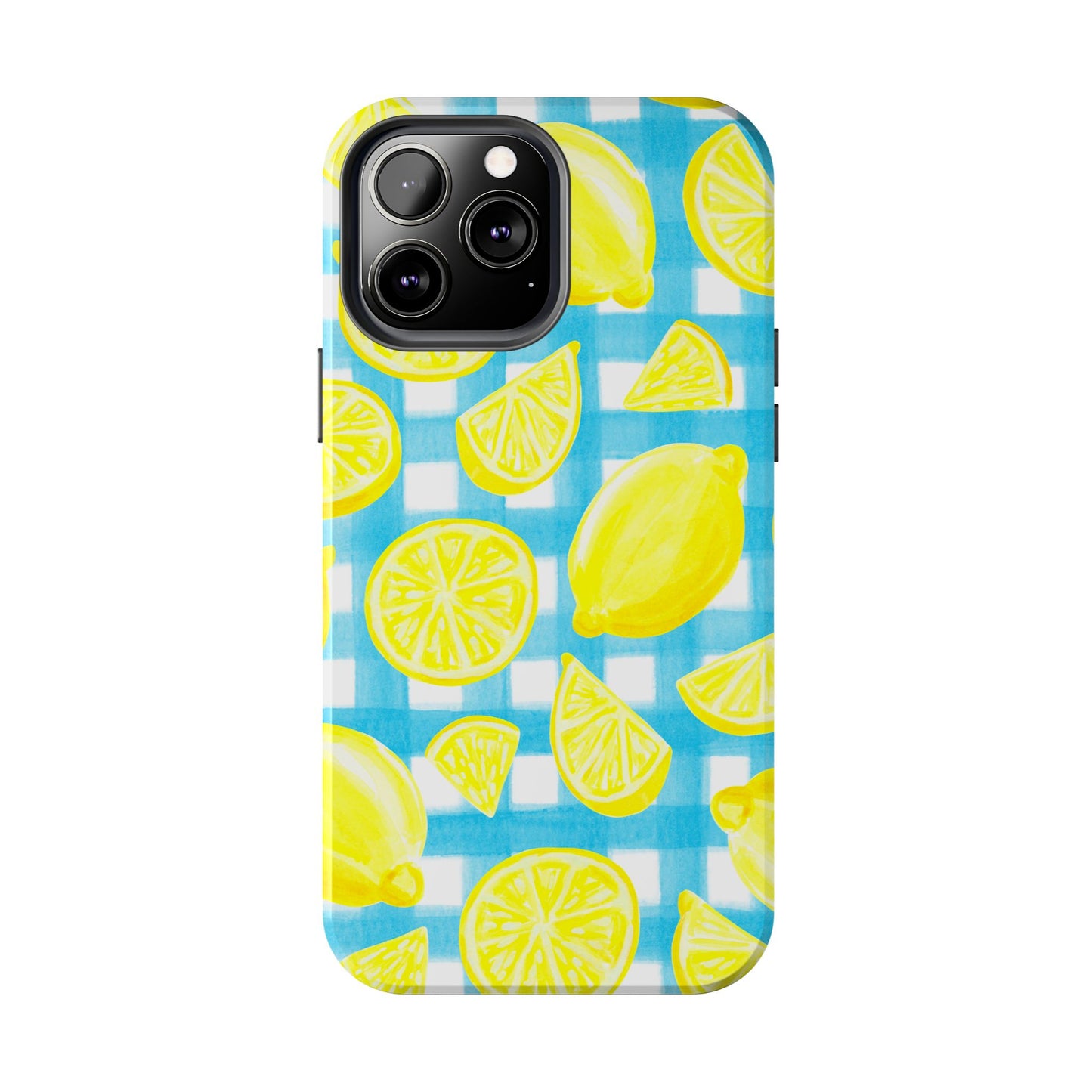 Yellow Lemons & Turquoise Gingham Watercolor Illustrated Tough Phone Case | Various Models Available