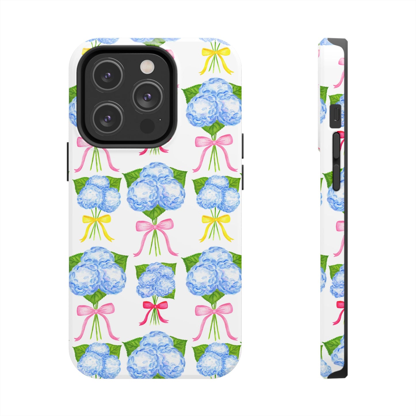 Blue Hydrangeas with Hot Pink, Yellow, Light Pink Bows Watercolor Illustrated Patterned Tough Phone Case | Various Models