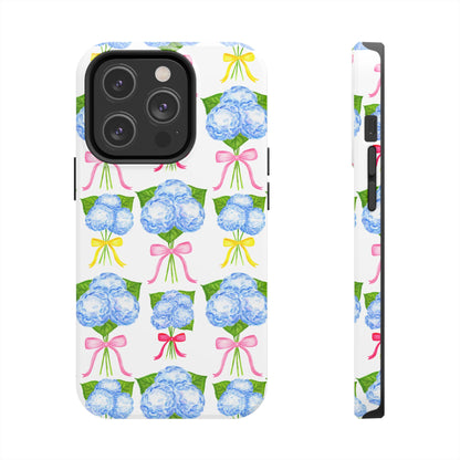 Blue Hydrangeas with Hot Pink, Yellow, Light Pink Bows Watercolor Illustrated Patterned Tough Phone Case | Various Models