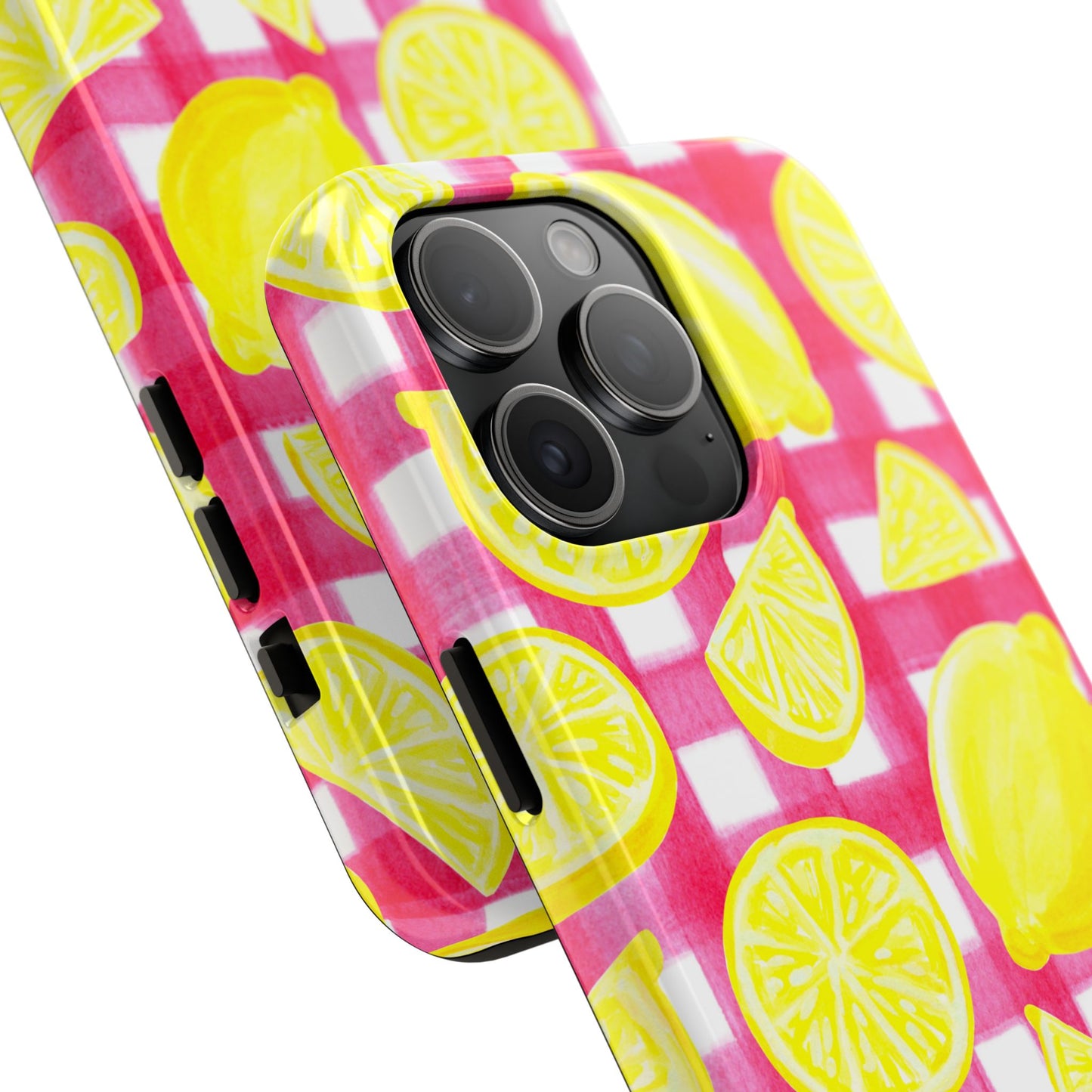 Yellow Lemons & Hot Pink Gingham Watercolor Illustrated Tough Phone Case | Various Models Available