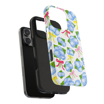 Blue Watercolor Hydrangea Bunches with Hot Pink, Yellow, Light Pink Bows Illustrated Patterned Tough Phone Case | Various Models