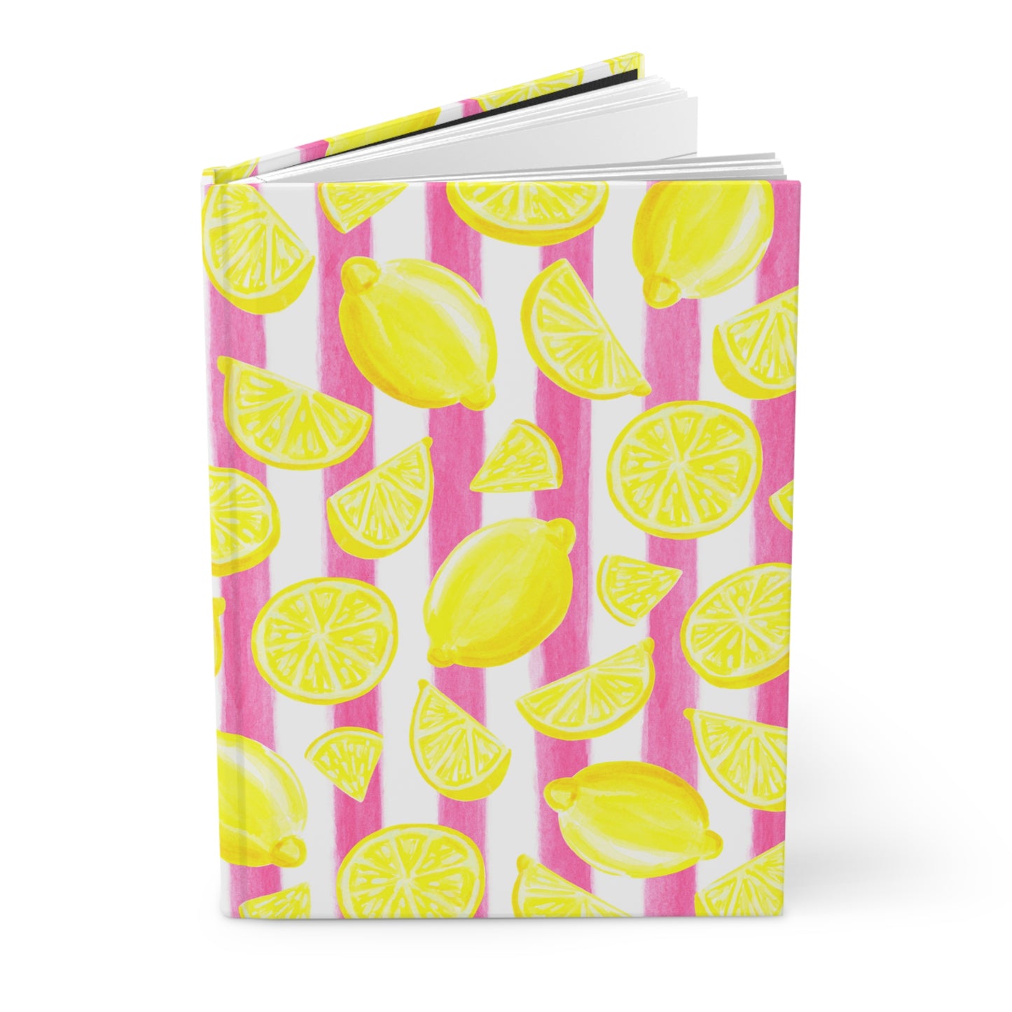 Yellow Lemons Watercolor Illustrated Light Pink Stripes Hardcover Journal Matte 8"x5.75"