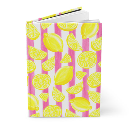 Yellow Lemons Watercolor Illustrated Light Pink Stripes Hardcover Journal Matte 8"x5.75"