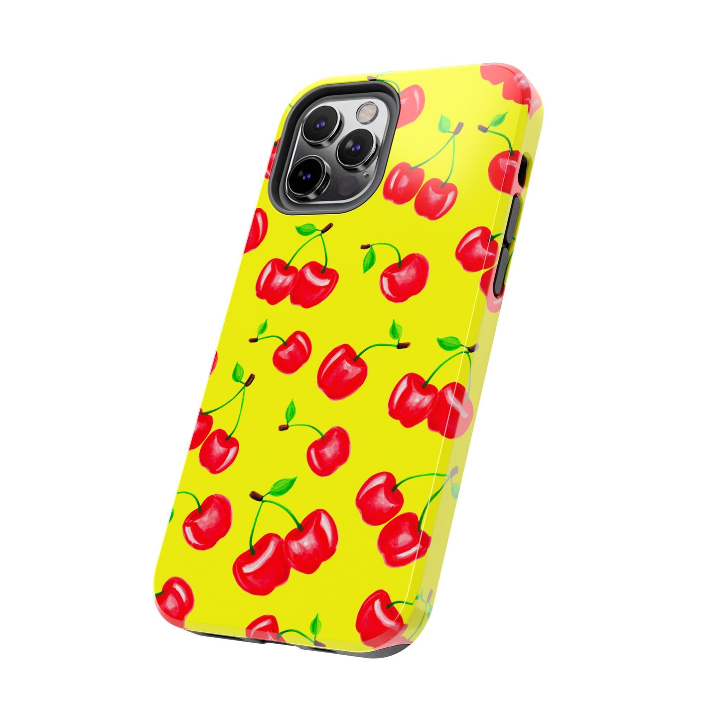 Tossed Red Watercolor Cherries Illustrated Pattern Bright Yellow Tough Phone Case | Various Models