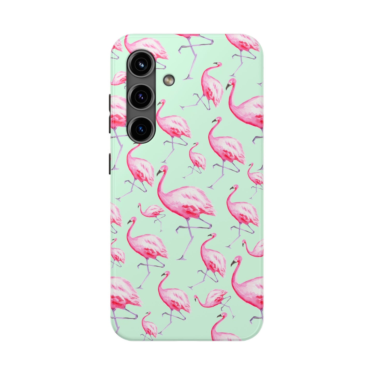 Pink Flamingos Watercolor Illustrated Tossed Pattern Green Phone Case | Various Models Samsung Galaxy S24