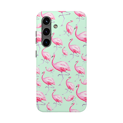 Pink Flamingos Watercolor Illustrated Tossed Pattern Green Phone Case | Various Models Samsung Galaxy S24