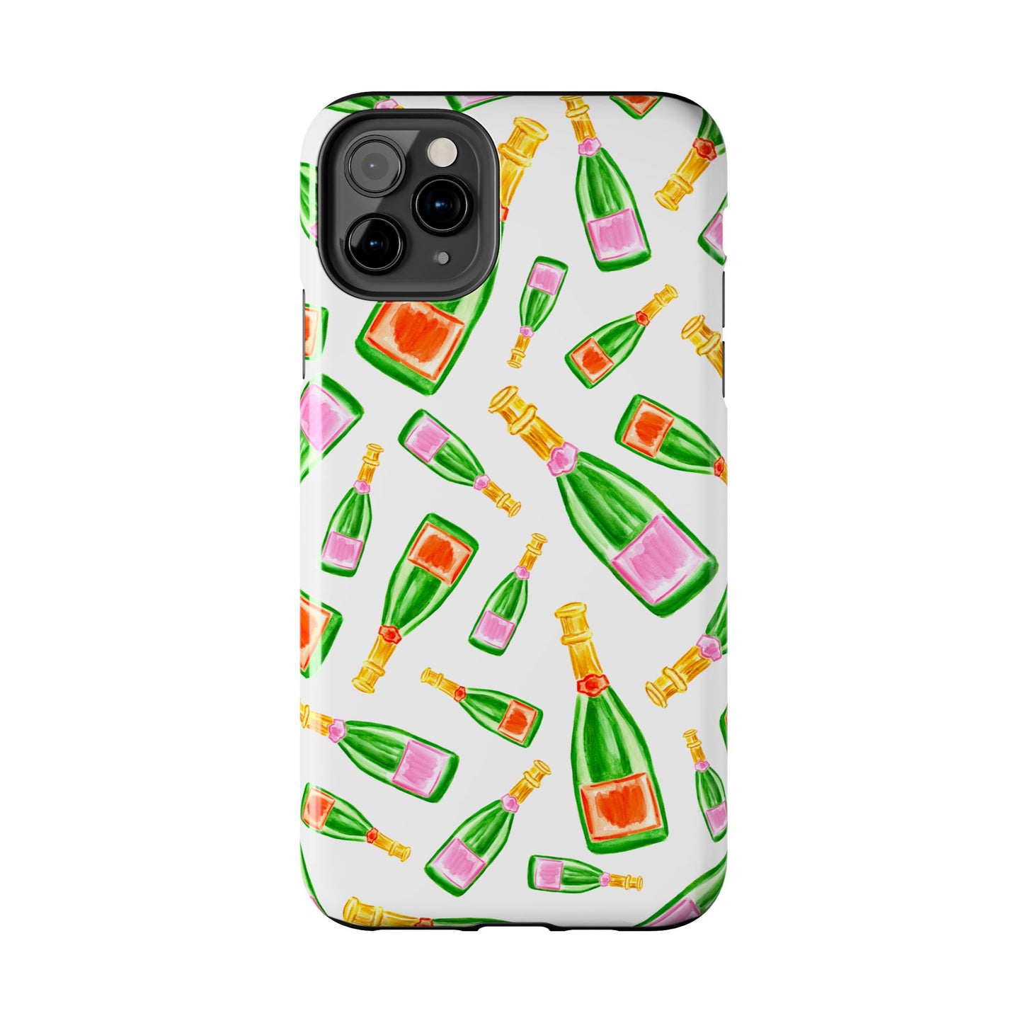 Tossed Pink and Green & Orange and Green Watercolor Illustrated Champagne Bottles Pattern Tough Phone Case | Various Models