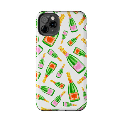 Tossed Pink and Green & Orange and Green Watercolor Illustrated Champagne Bottles Pattern Tough Phone Case | Various Models