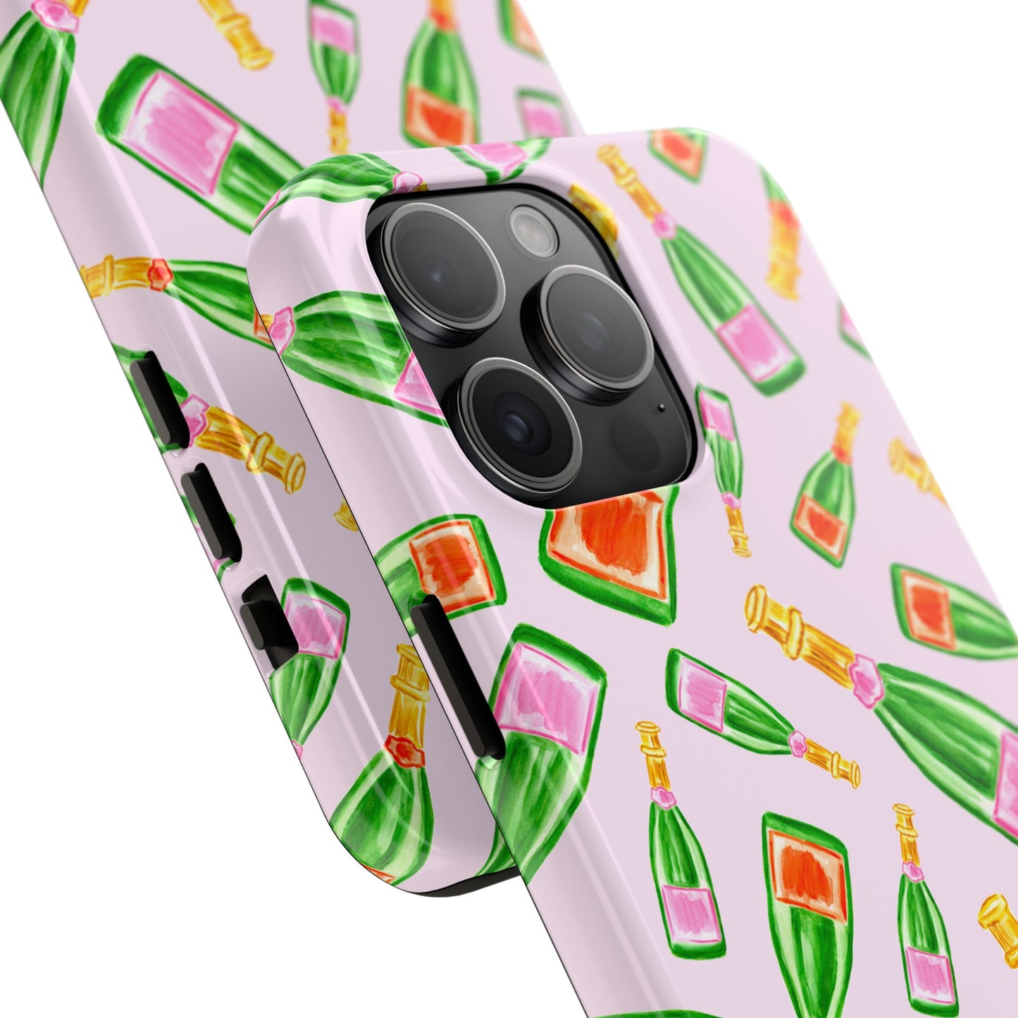 Tossed Pink and Green & Orange and Green Watercolor Illustrated Champagne Bottles Pattern Blush Pink Tough Phone Case | Various Models