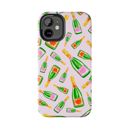 Tossed Pink and Green & Orange and Green Watercolor Illustrated Champagne Bottles Pattern Blush Pink Tough Phone Case | Various Models